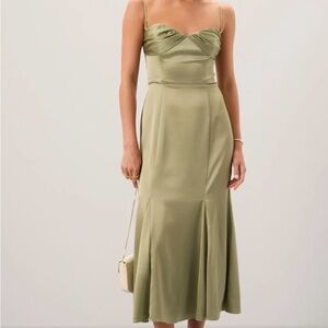 Reformation Hensley Olive Green Satin Dress